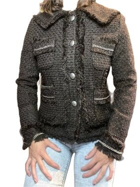 JOCKEY Japan Black Wool Tweed Chain Trim Blazer Jacket Crest Buttons Size 42 L